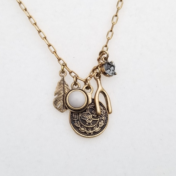 long gold tone chain necklace with luck charms wishbone feather rhinestone - Picture 1 of 3